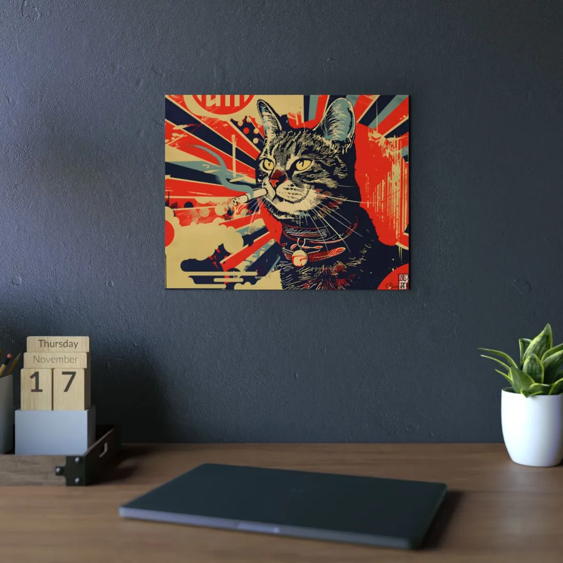 Pop Art Gangster Cat: Bold Red and Black Poster - Metal Poster