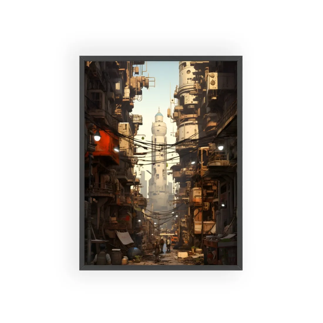 Post-Apocalyptic Steampunk City: Robot Amidst Ruins - Framed Poster
