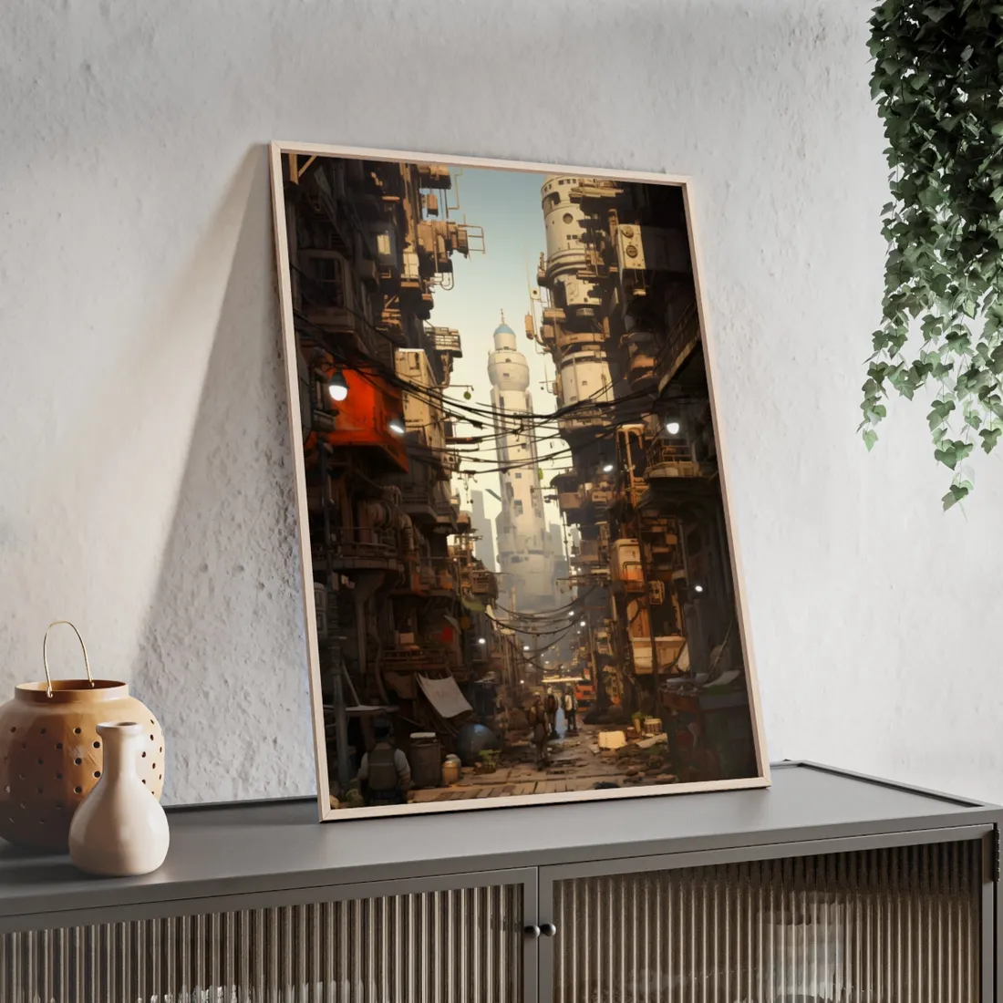 Post-Apocalyptic Steampunk City: Robot Amidst Ruins - Framed Poster
