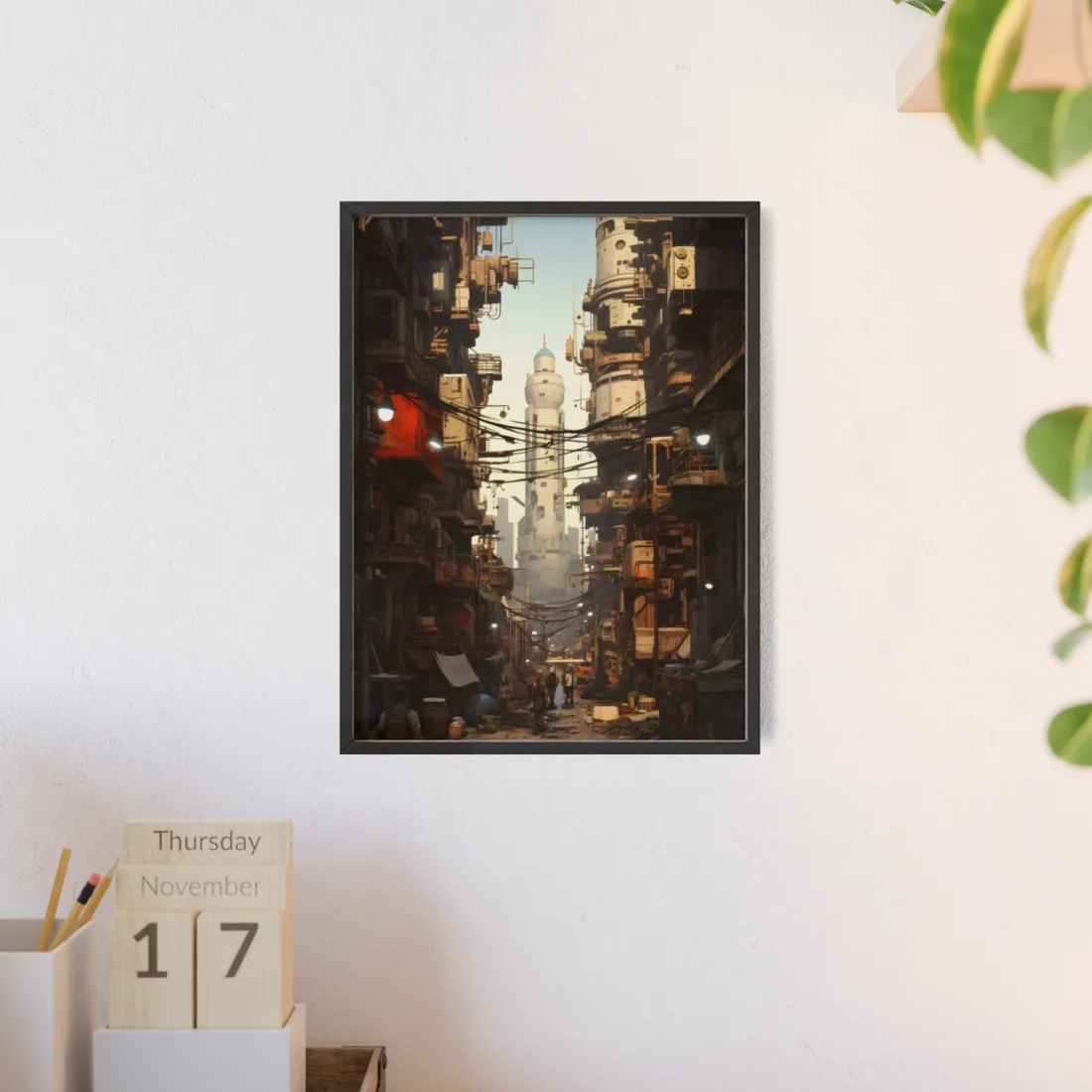 Post-Apocalyptic Steampunk City: Robot Amidst Ruins - Framed Poster