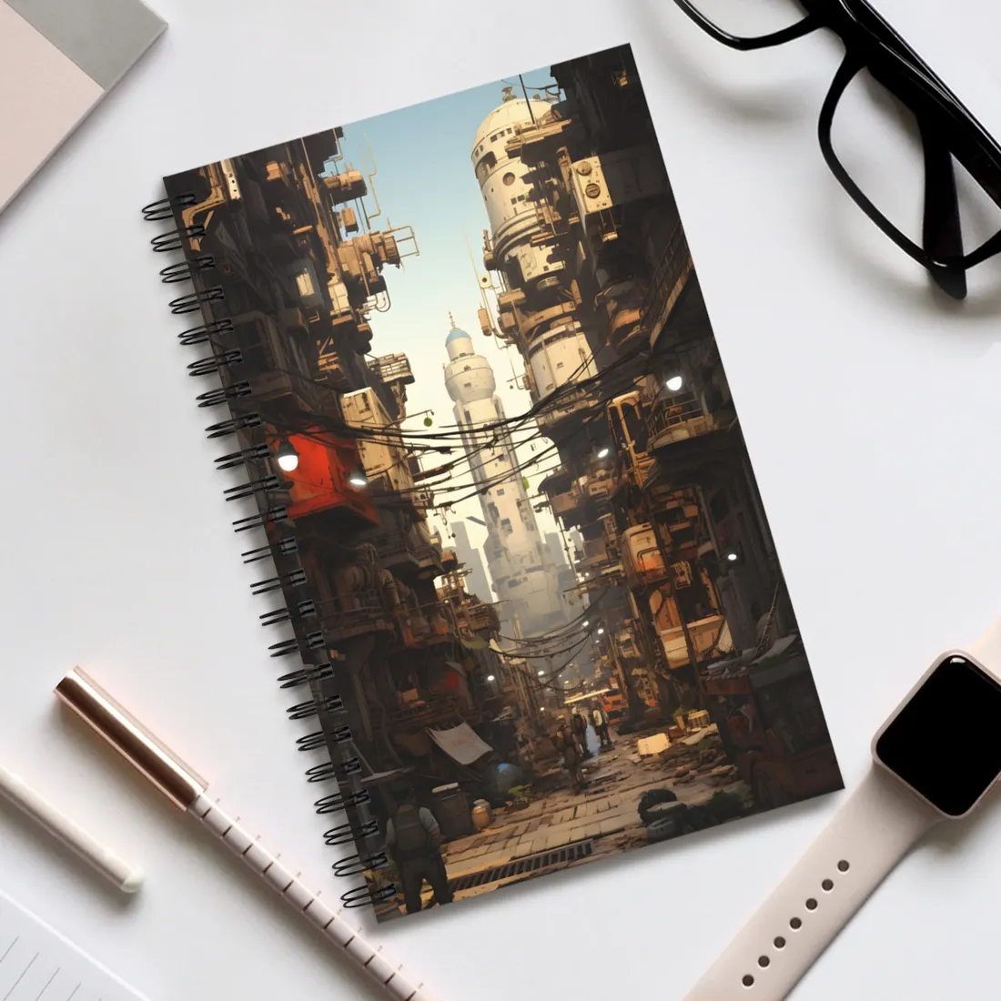Post-Apocalyptic Steampunk City: Robot Amidst Ruins - Spiral Notebook