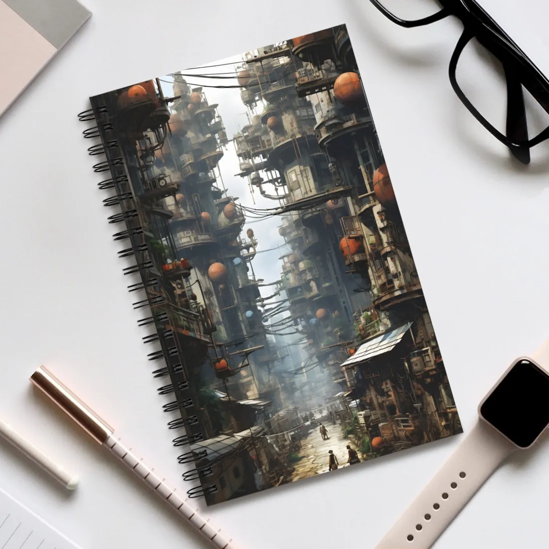 Post-Apocalyptic Steampunk Cityscape: Desolate Ruins Digital Art - Spiral Notebook