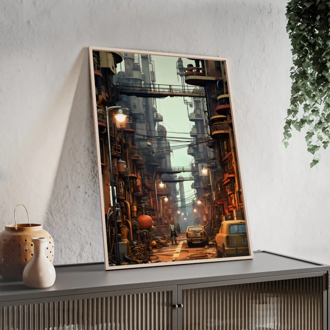 Post-Apocalyptic Steampunk Cityscape: Grim Industrial Landscape Art - Framed Poster