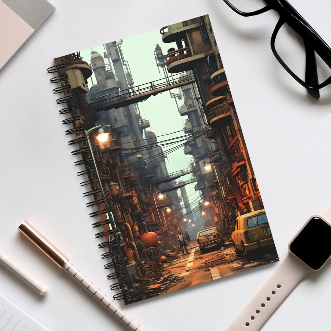Post-Apocalyptic Steampunk Cityscape: Grim Industrial Landscape Art - Spiral Notebook