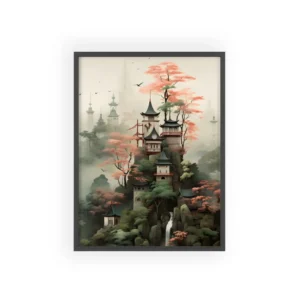 Pagoda Village on Misty Cliffs Framed Poster