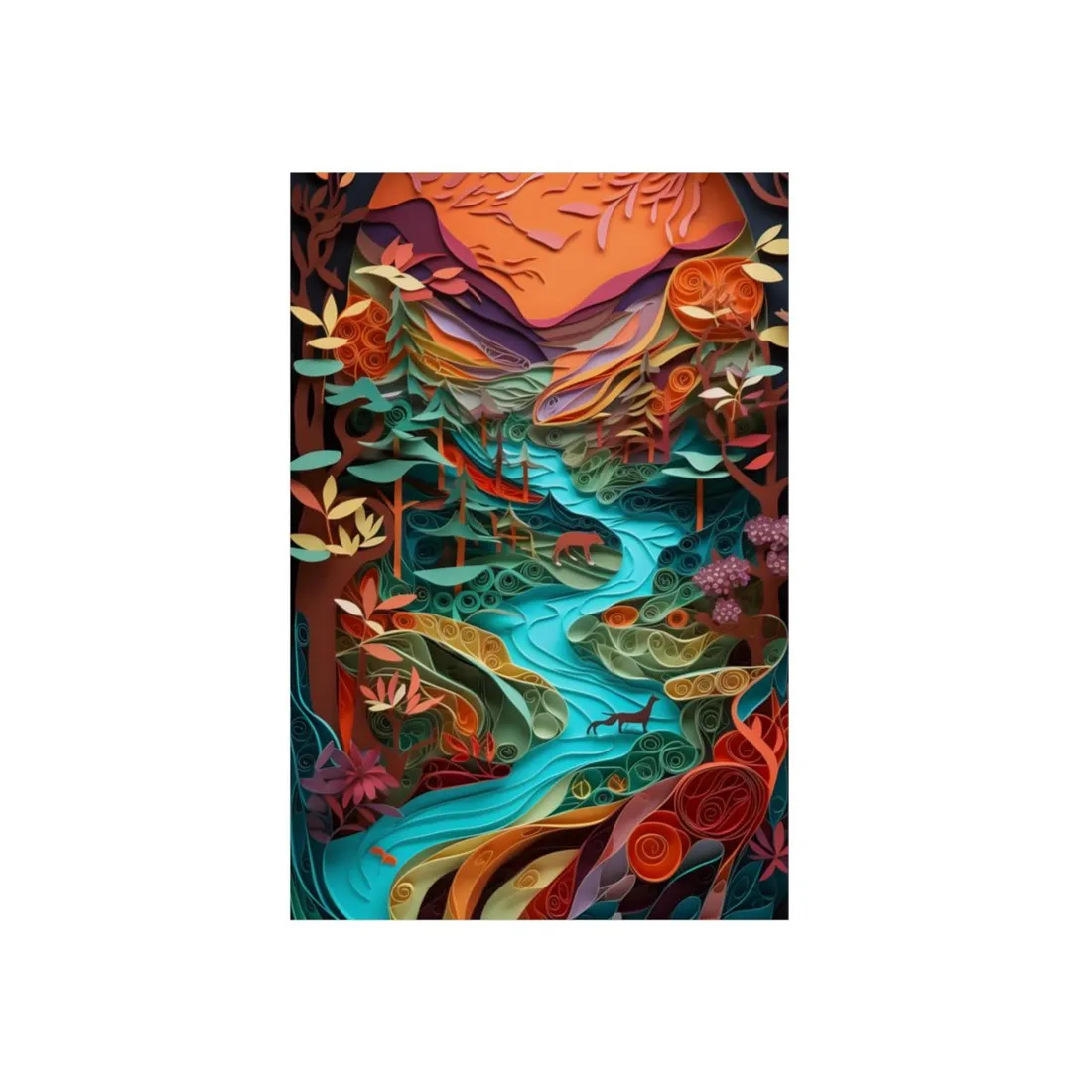 Quilled Autumn Forest River: Wolf Paper Art Landscape - Metal Poster