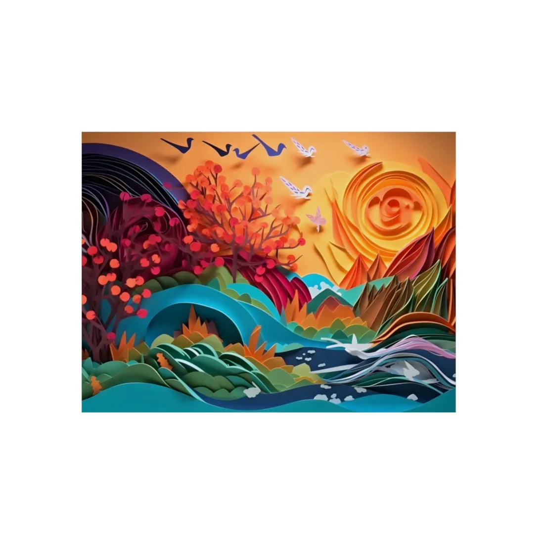Quilled Autumn Hillside: Paper Art River Valley - Metal Poster