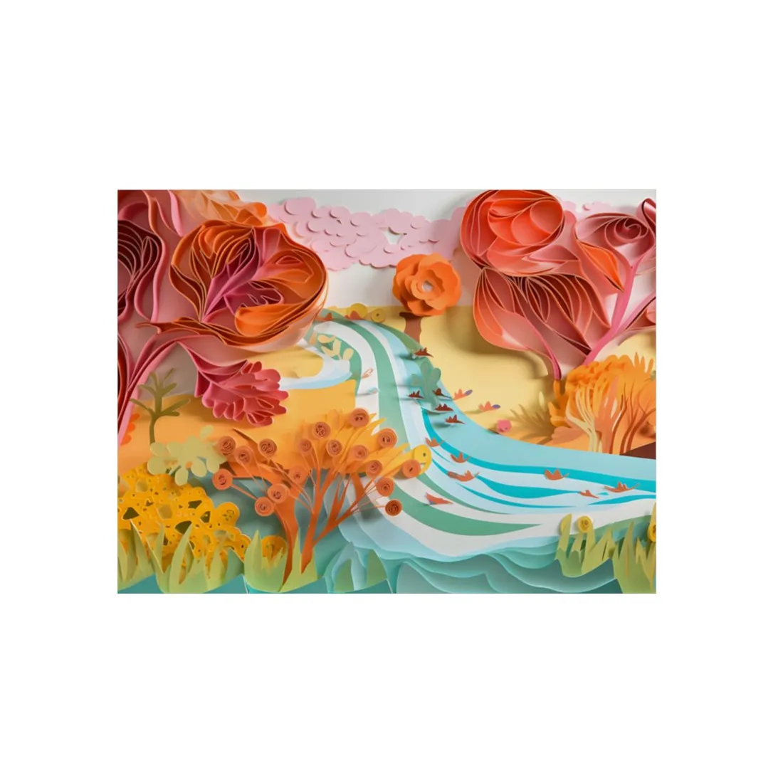 Quilled Autumn River Valley: Paper Art Landscape - Metal Poster