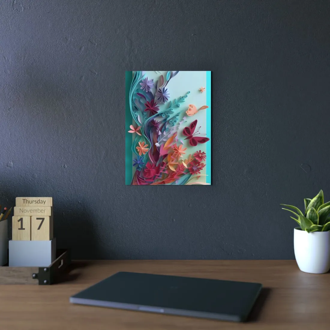 Quilled Floral Vine: Butterfly Paper Art on Teal - Metal Poster