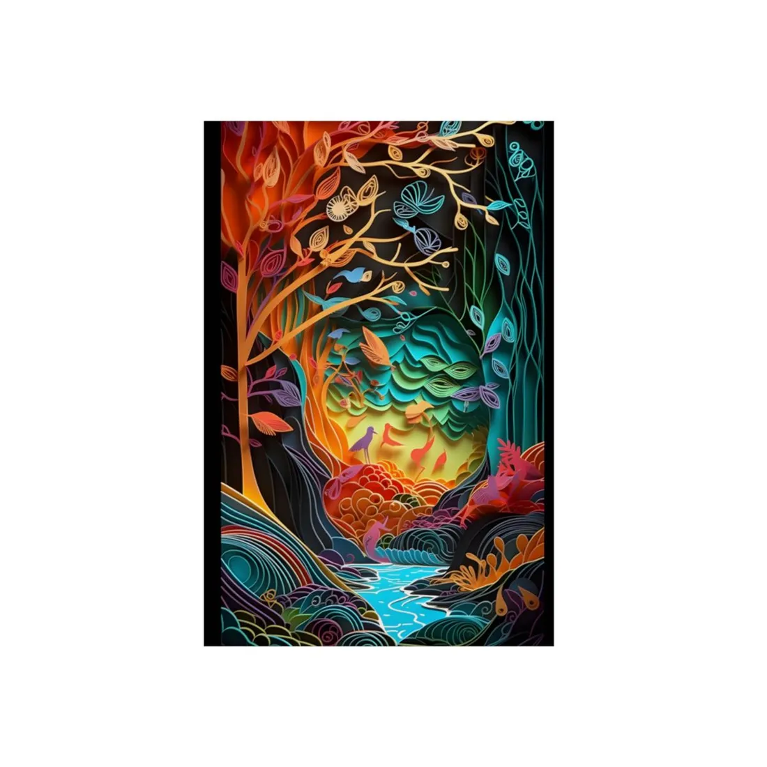 Quilled Forest Firelight: Mystical Paper Art Scene - Metal Poster