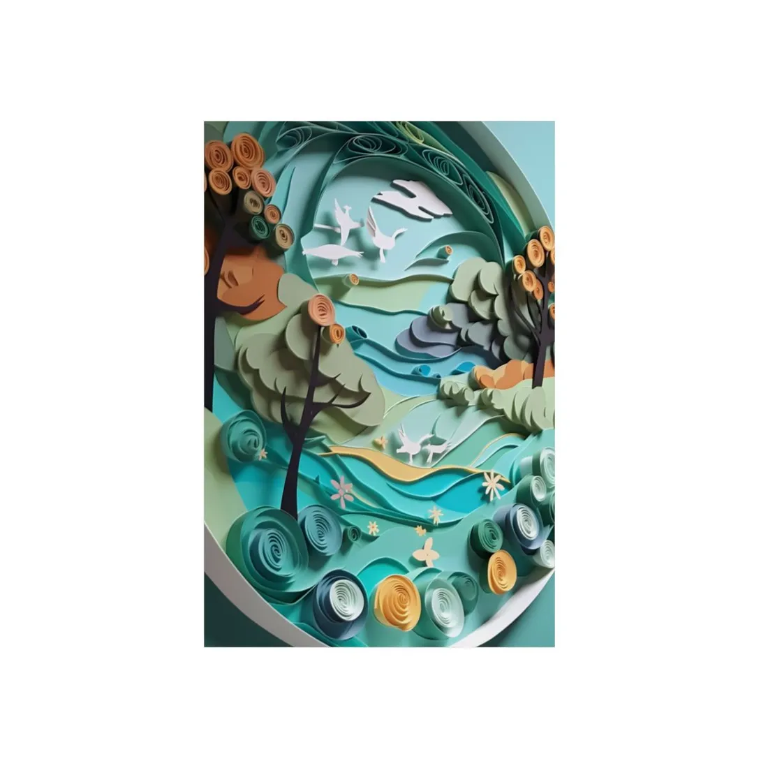 Quilled Forest River Scene: Paper Art Landscape - Metal Poster