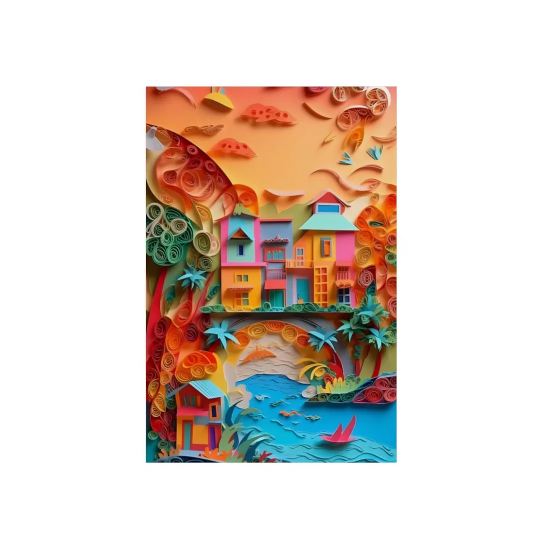 Quilled Hillside Village: Colorful Paper Art Town - Metal Poster