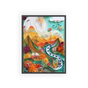 Paper Quilled Village Sun Clouds Framed Poster