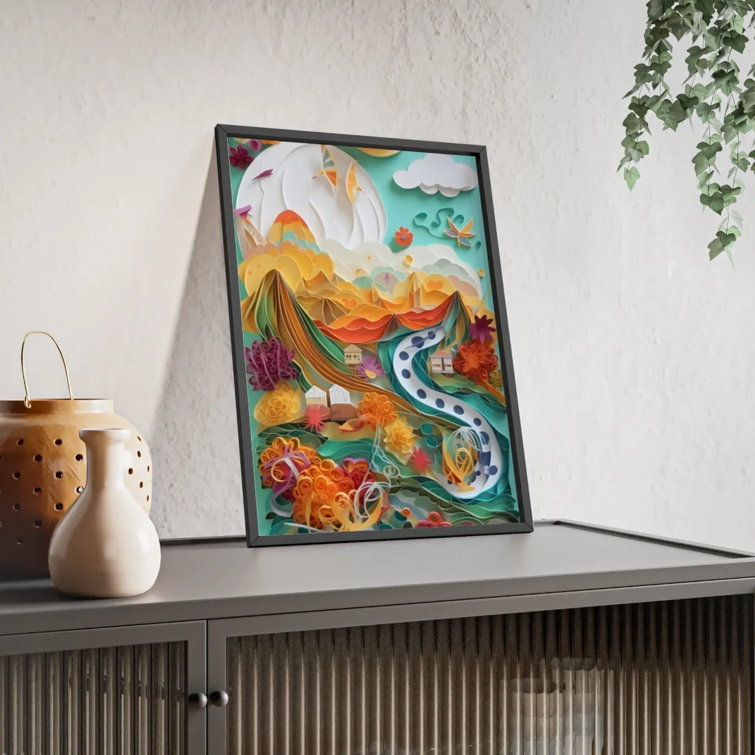 Quilled Island Oasis: Serene Paper Art Landscape - Framed Poster