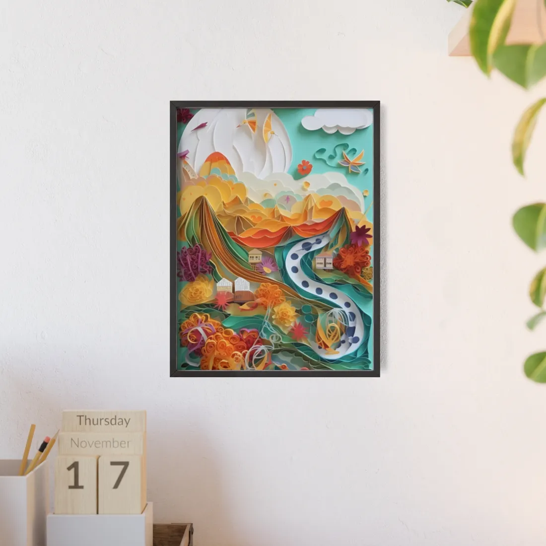 Quilled Island Oasis: Serene Paper Art Landscape - Framed Poster