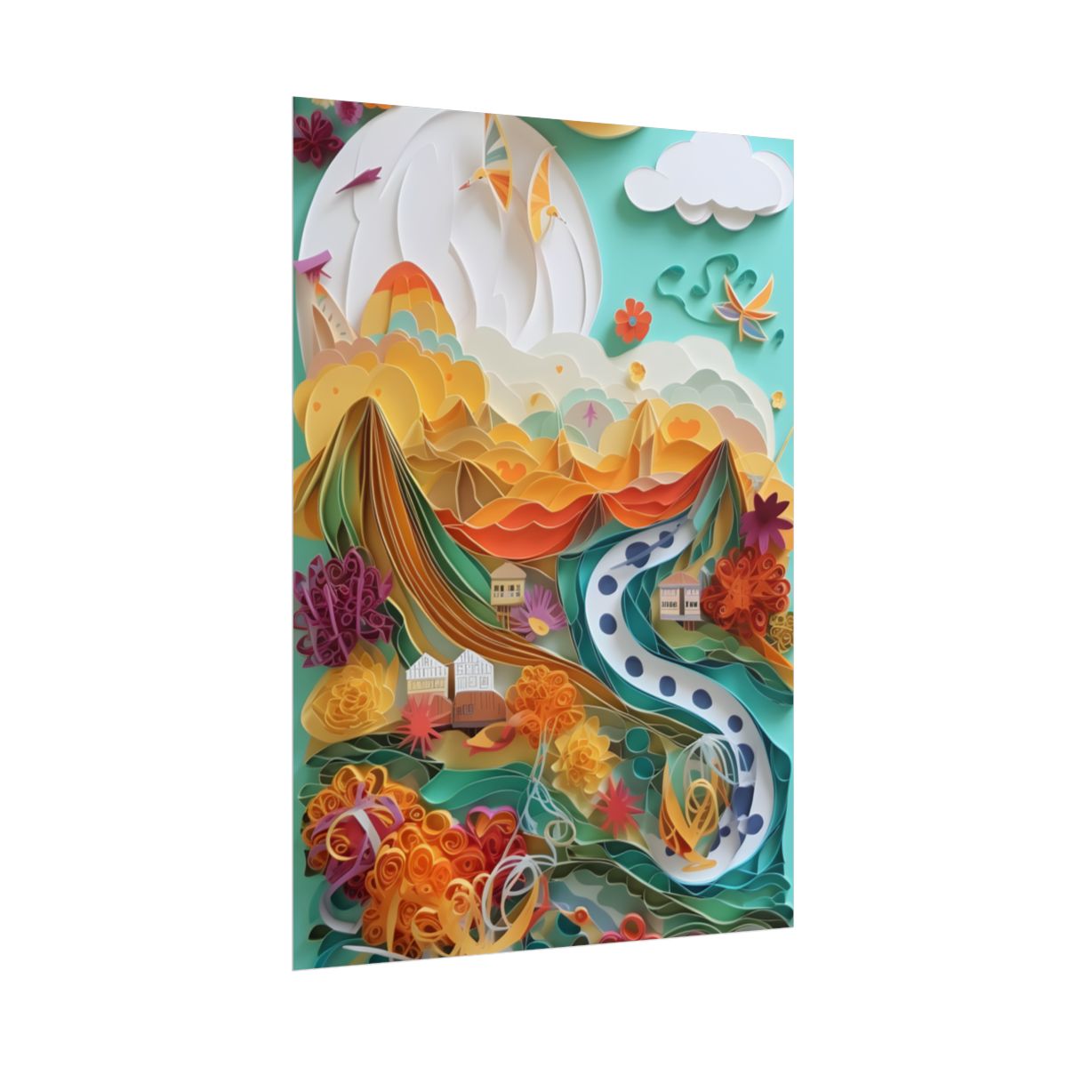 Quilled Island Oasis: Serene Paper Art Landscape - Poster