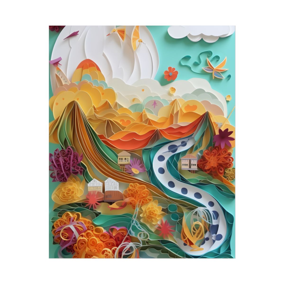 Quilled Island Oasis: Serene Paper Art Landscape - Poster