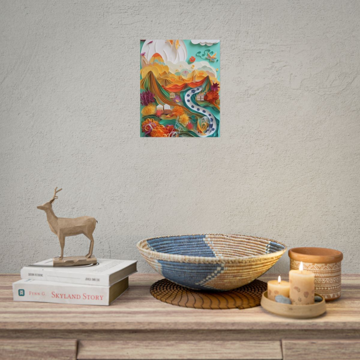 Quilled Island Oasis: Serene Paper Art Landscape - Poster