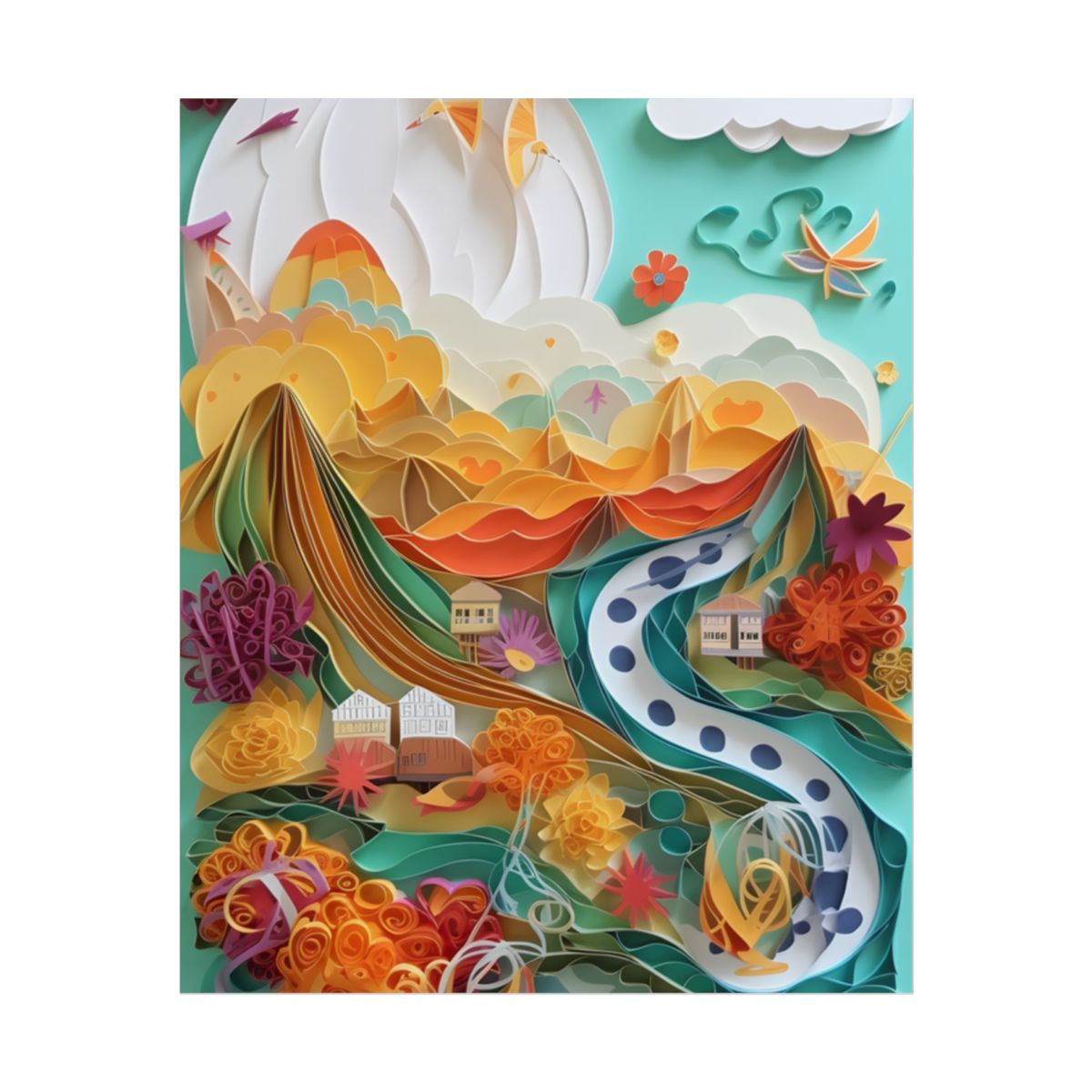 Quilled Island Oasis: Serene Paper Art Landscape - Poster