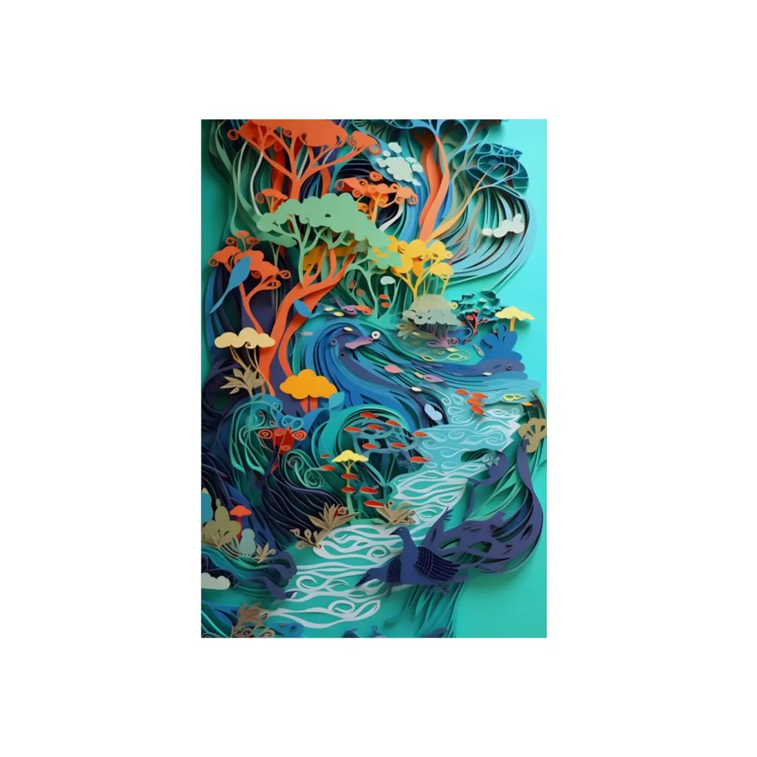 Quilled Jungle River Valley: Colorful Bird Paper Art - Metal Poster
