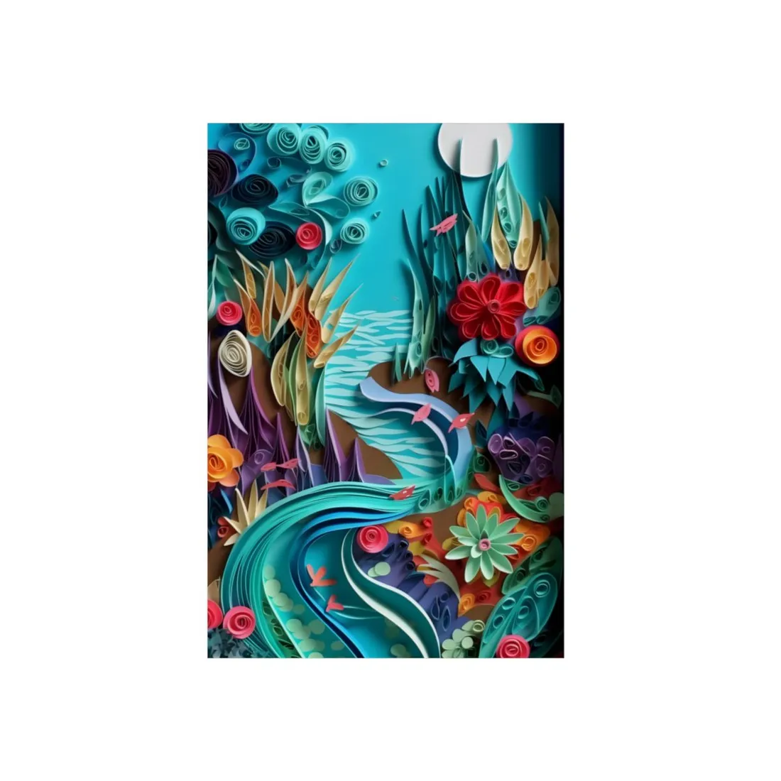 Quilled Jungle River: Vibrant Paper Art Landscape - Metal Poster