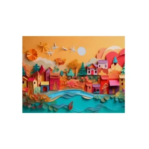 Paper Cut Village by River Metal Poster
