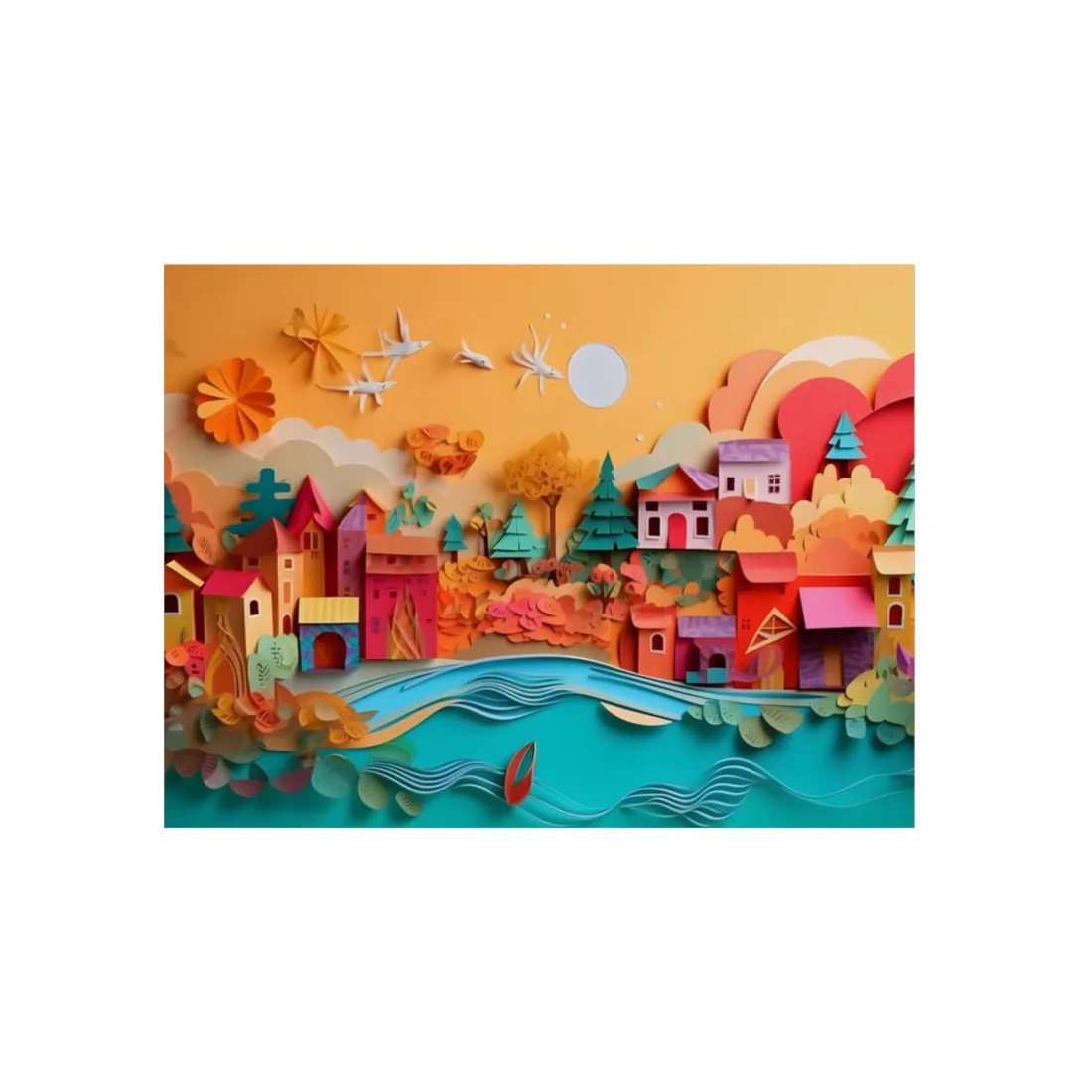 Quilled Lakeside Town: Sunset Paper Art Village - Metal Poster
