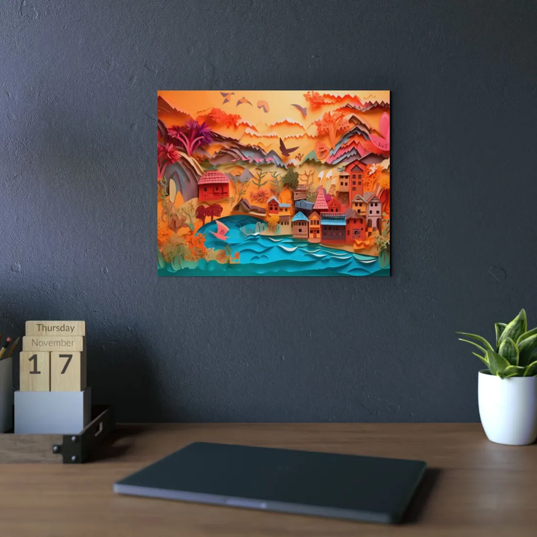 Quilled Lakeside Village: Mountain Sunset Paper Art - Metal Poster
