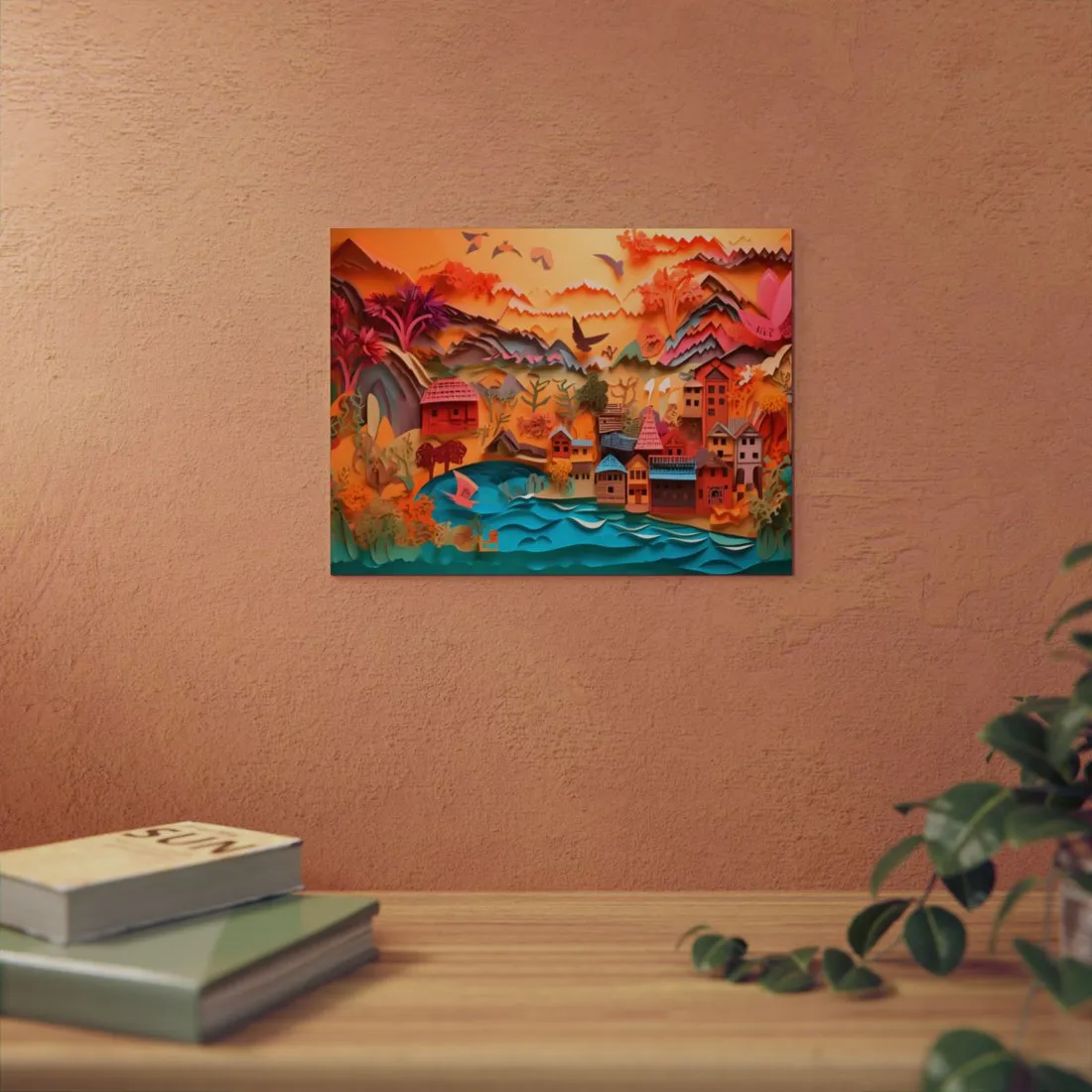 Quilled Lakeside Village: Mountain Sunset Paper Art - Metal Poster