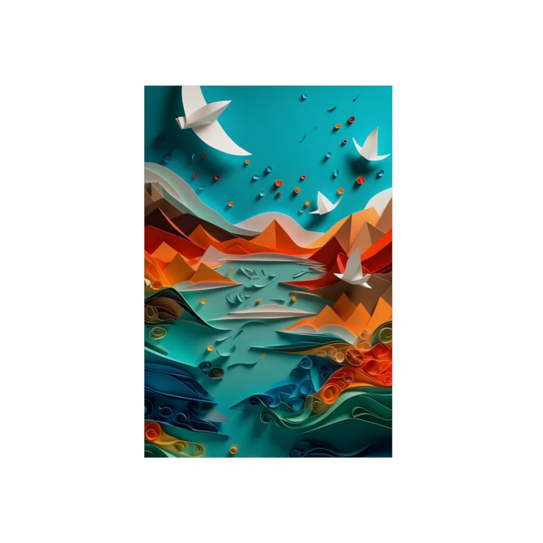 Quilled Mountain Lake: Paper Art Landscape with Birds - Metal Poster