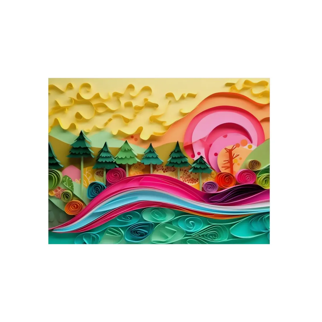 Quilled Pine Forest: Vibrant Paper Art Sunset Landscape - Metal Poster