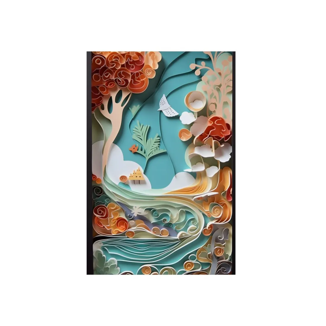 Quilled Surreal Hand Landscape: Paper Art Village Scene - Metal Poster
