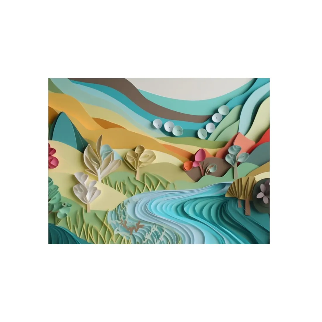 Quilled Valley River: Green Hills Paper Art Landscape - Metal Poster