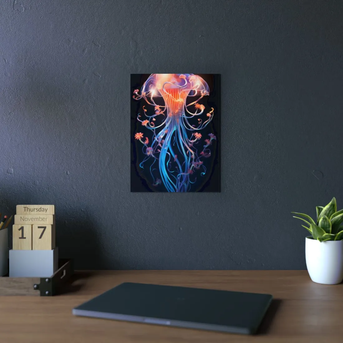 Radiant Sea Bloom: Orange and Blue Jellyfish Tendrils - Metal Poster