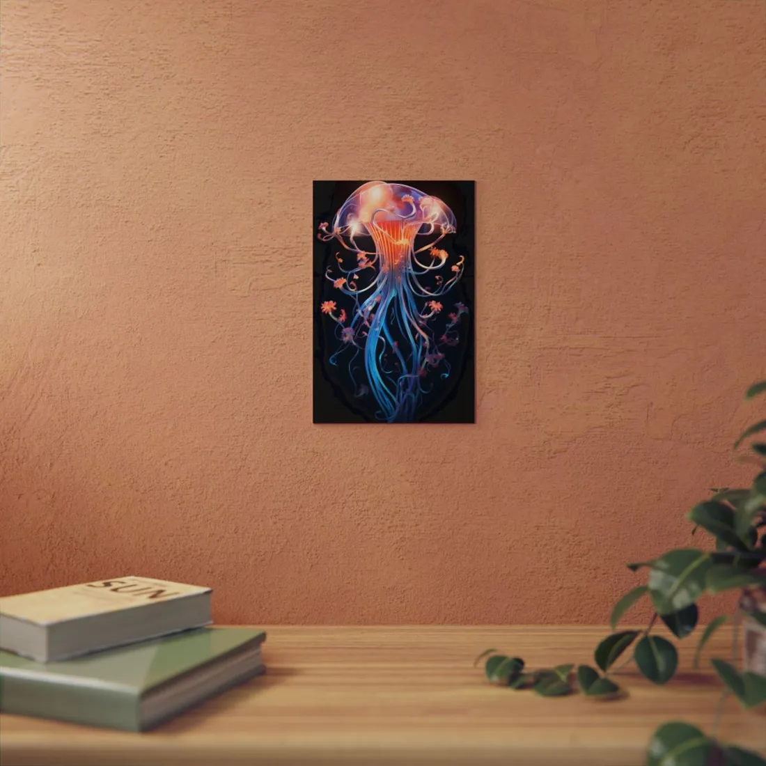 Radiant Sea Bloom: Orange and Blue Jellyfish Tendrils - Metal Poster