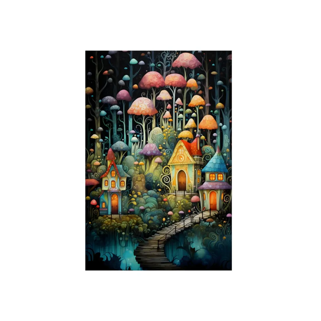 Rainbow Mushroom Village: Whimsical Fantasy Art - Metal Poster
