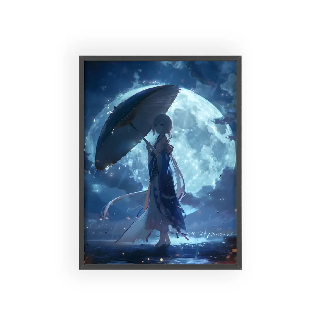 Rainy Reflections: Anime Girl's Melancholic Moment - Framed Poster