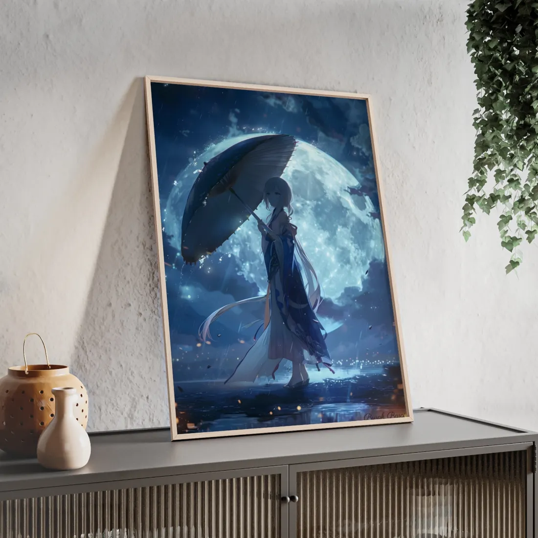 Rainy Reflections: Anime Girl's Melancholic Moment - Framed Poster