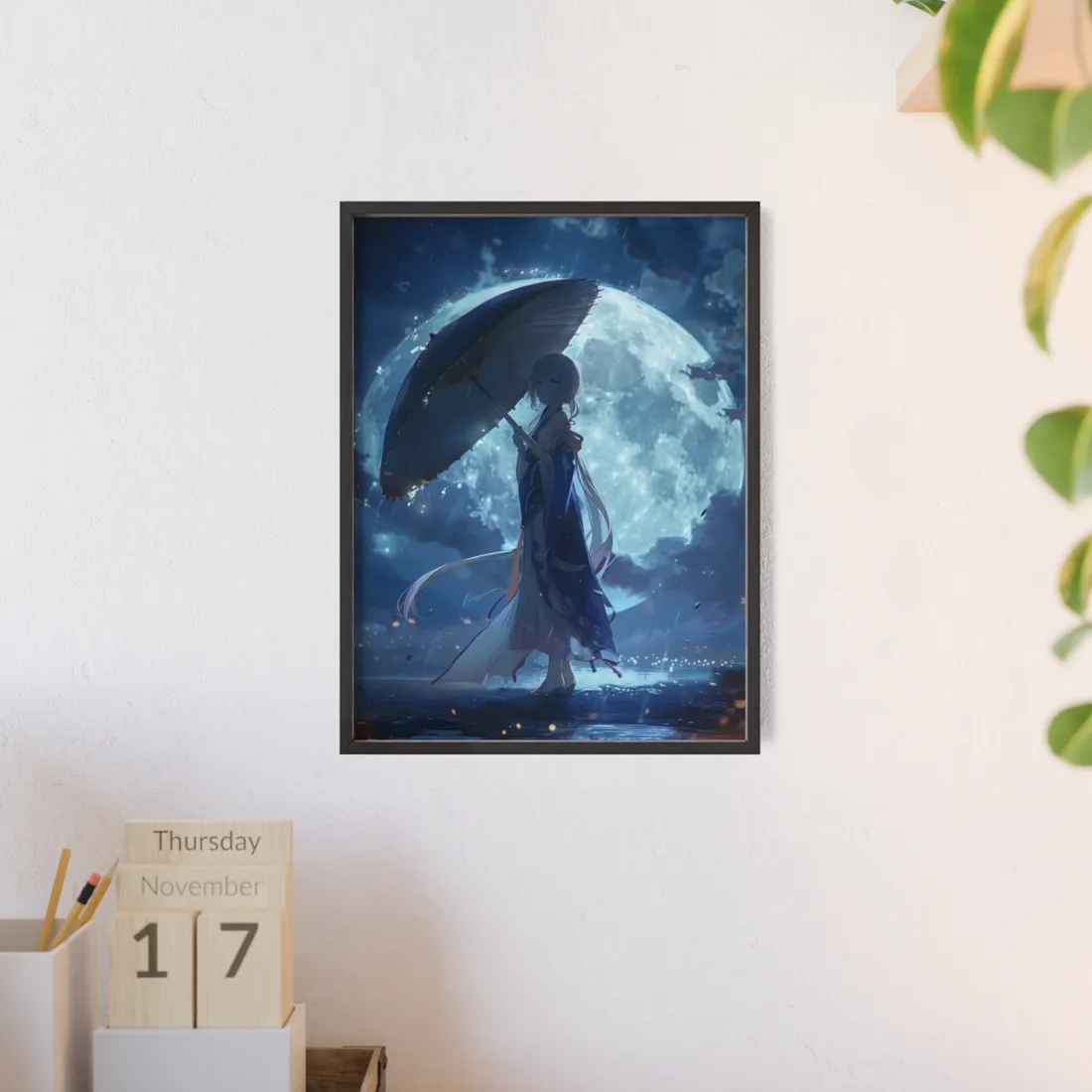 Rainy Reflections: Anime Girl's Melancholic Moment - Framed Poster