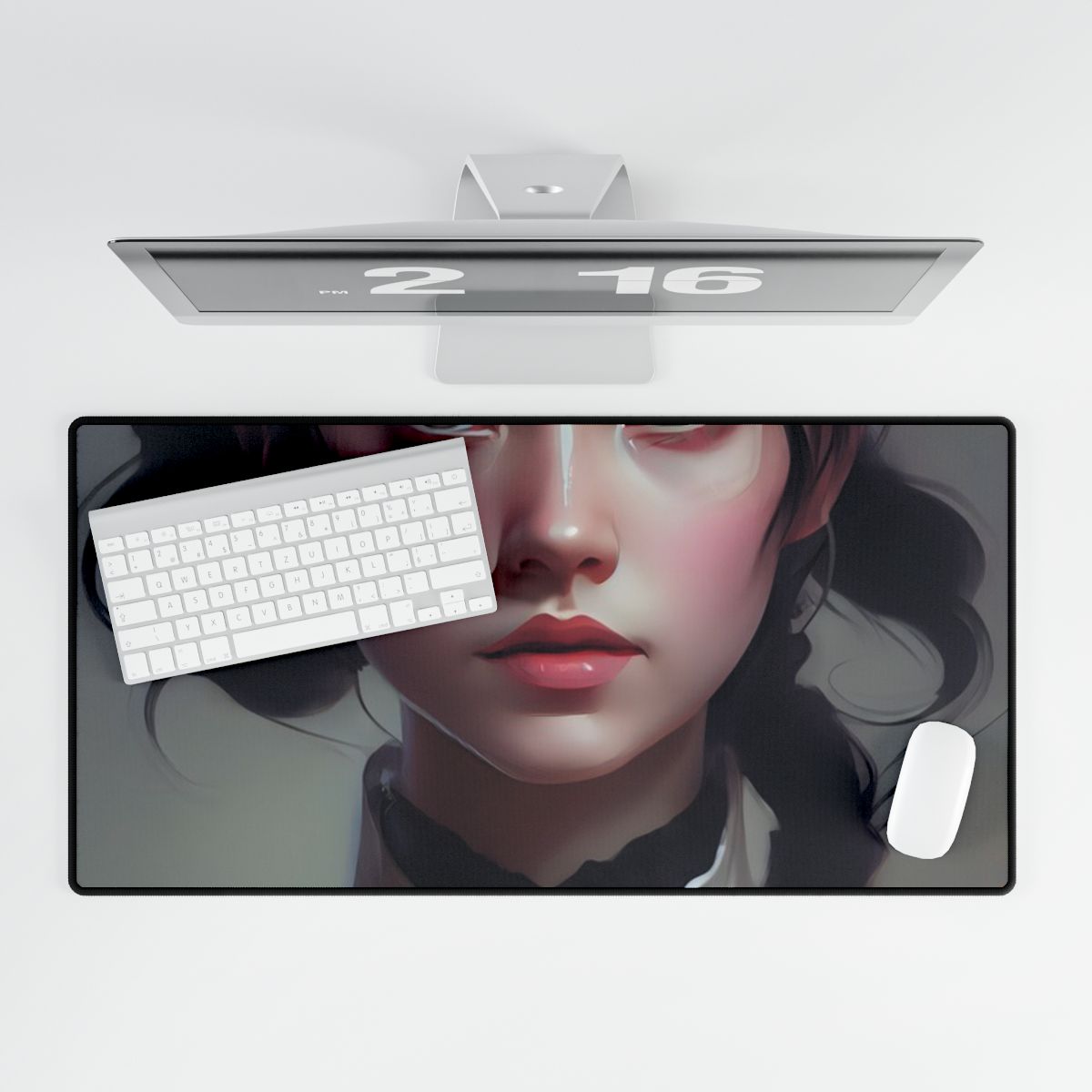 Realistic Black Haired Female Portrait in Dress: Artwork - Desk Mat