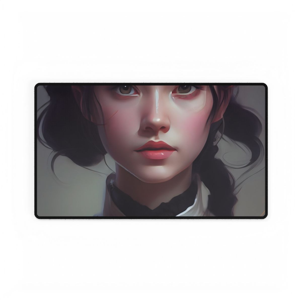 Realistic Black Haired Female Portrait in Dress: Artwork - Desk Mat