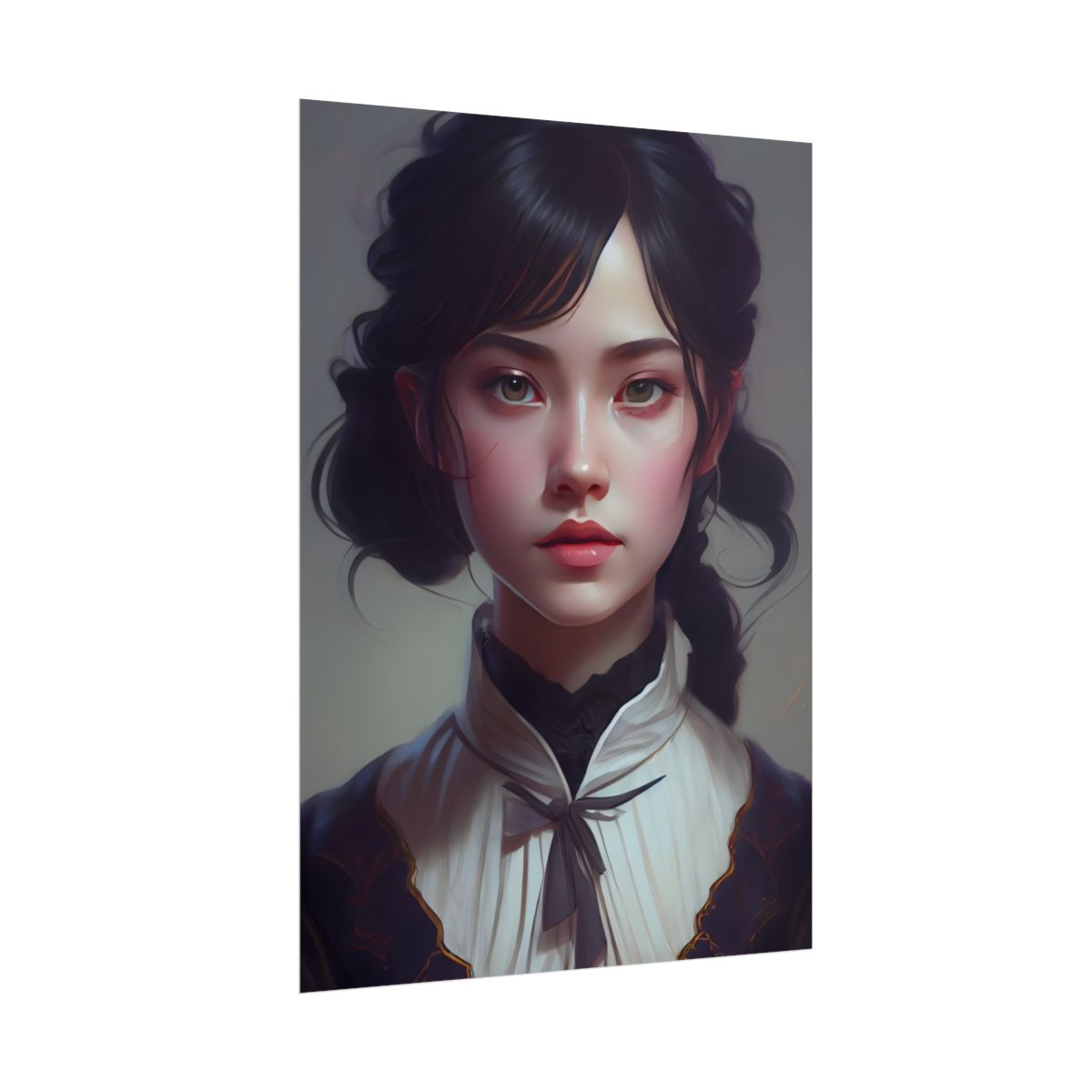 Realistic Black Haired Female Portrait in Dress: Artwork - Poster