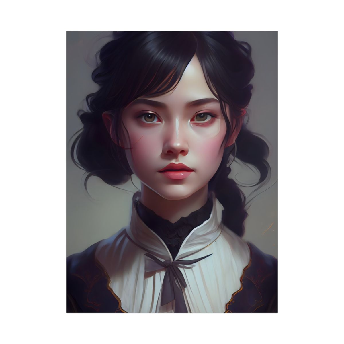 Realistic Black Haired Female Portrait in Dress: Artwork - Poster