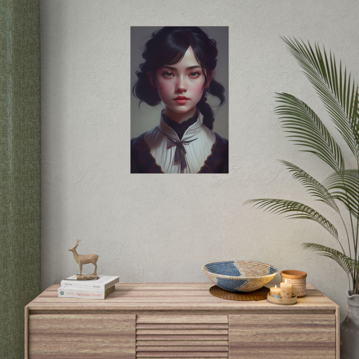 Realistic Black Haired Female Portrait in Dress: Artwork - Poster
