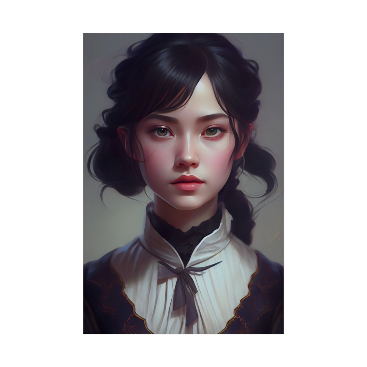 Realistic Black Haired Female Portrait in Dress: Artwork - Poster