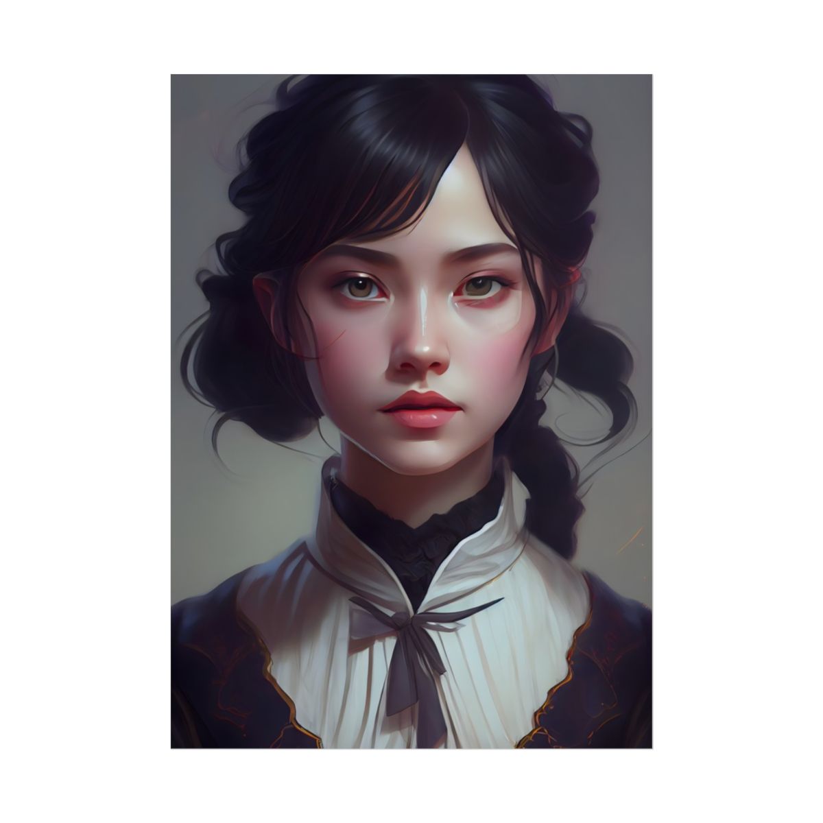 Realistic Black Haired Female Portrait in Dress: Artwork - Poster