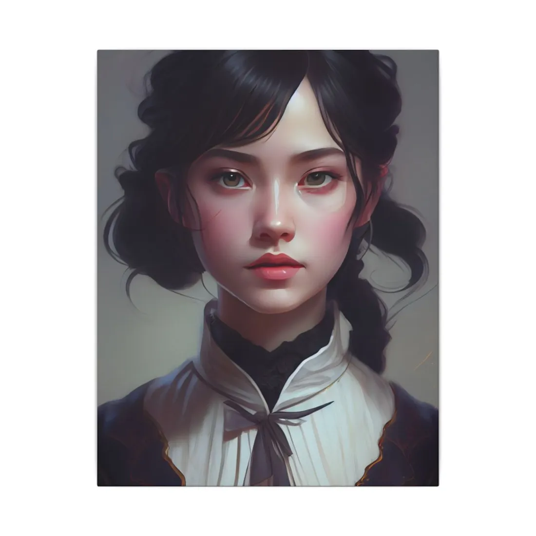 Realistic Black Haired Female Portrait in Dress - Canvas
