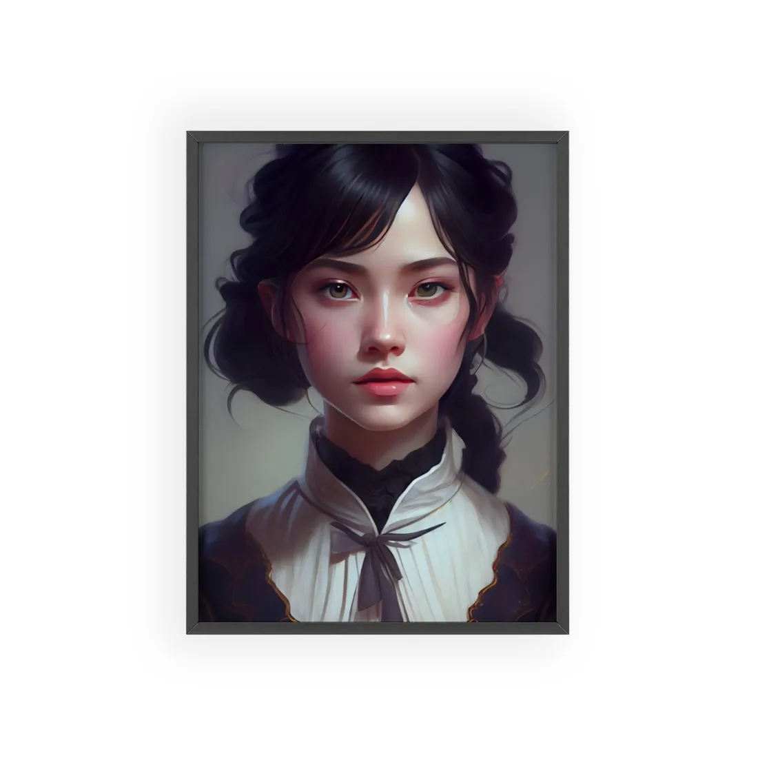 Realistic Black Haired Female Portrait in Dress - Framed Poster