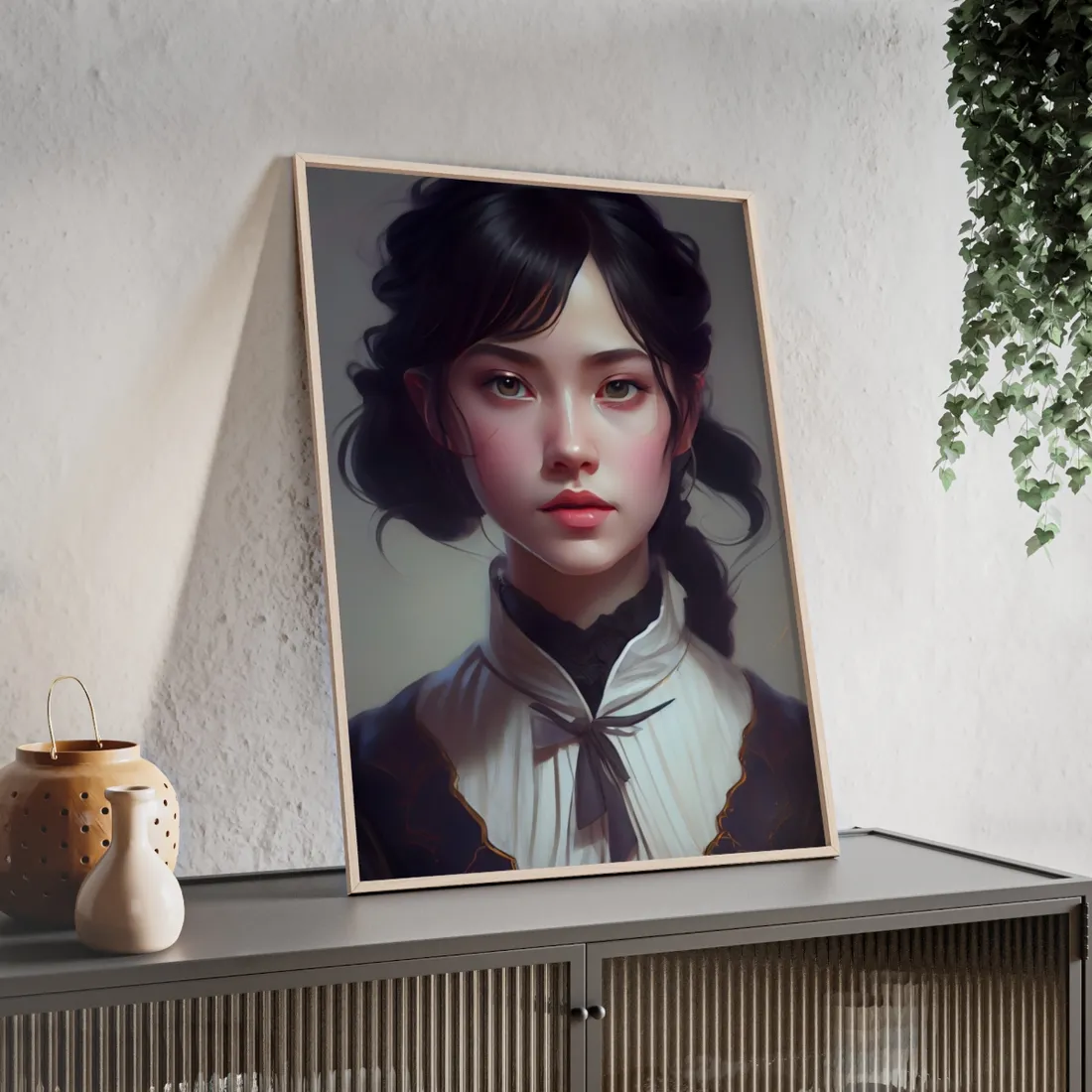 Realistic Black Haired Female Portrait in Dress - Framed Poster