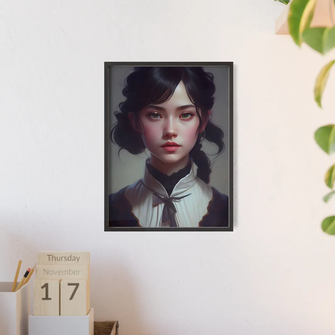 Realistic Black Haired Female Portrait in Dress - Framed Poster